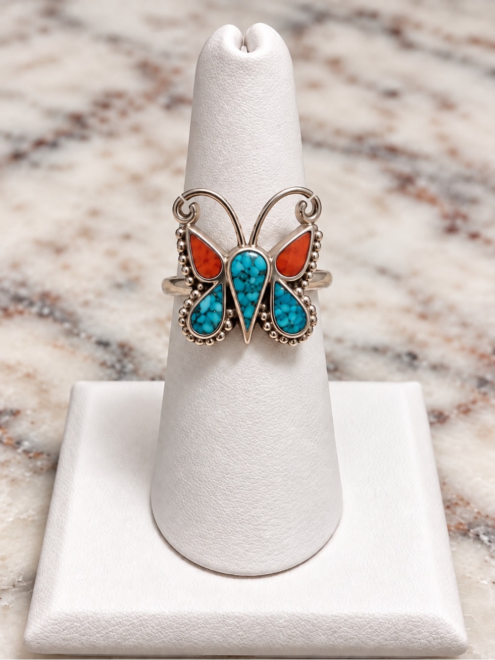 Vintage Butterfly Ring Inlaid Turquoise & Coral Size 7 Southwestern Style